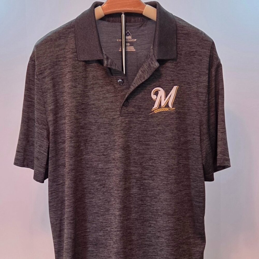 Majestic Milwaukee Brewers Grey Heather Cool Base Polo, Men’s Large, Never Worn